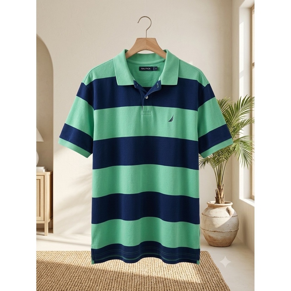 Nautica Polo Shirt Men's Size XL Navy White Green Cotton Blend